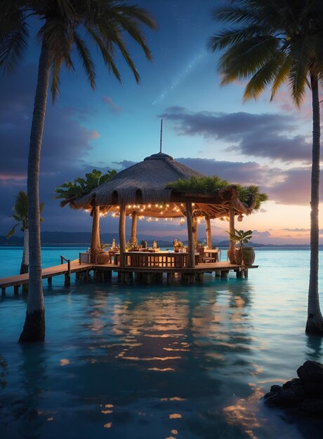 Foto de um gazebo lindamente iluminado em uma doca criando um ambiente mágico