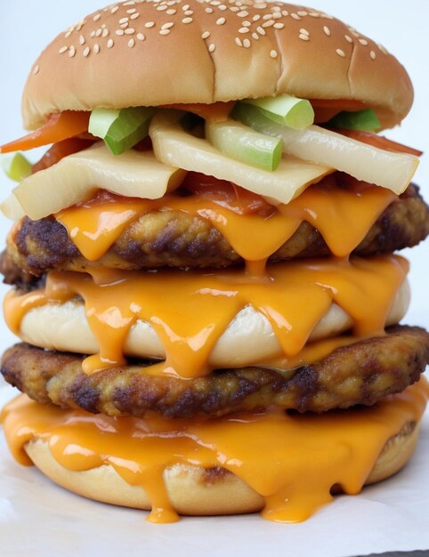 Foto de um grande hambúrguer de queijo cheddar duplo com carne de frango com ingredientes voadores isolados no Burger