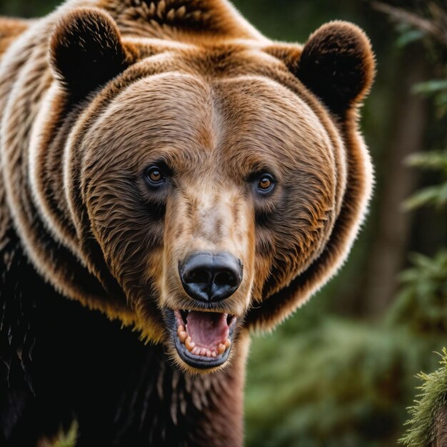 Foto de um grande urso pardo furioso correndo na selva com ia geradora