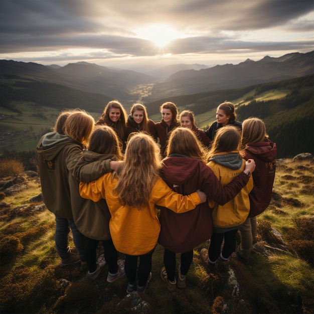 foto de um grupo de adolescentes se abraçando com um fundo de montanha