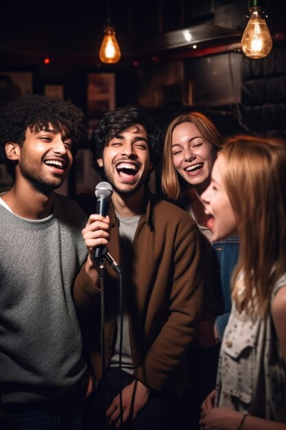Foto foto de um grupo de amigos se divertindo juntos em uma noite de microfone aberto