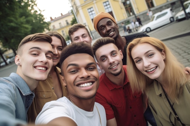 Foto de um grupo de amigos tirando uma selfie juntos em apoio às pessoas que se apresentam