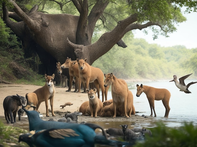 Foto foto de um grupo de animais interagindo em sua ai generativa