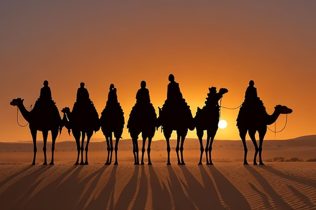 Foto de um grupo de camelos de silhueta no deserto com fundo de pôr-do-sol laranja e uma bela mesquita