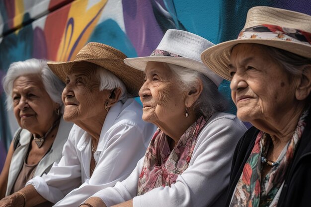 Foto de um grupo de idosos observando durante uma pintura mural comunitária criada com IA generativa