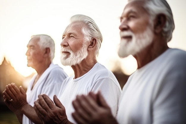 Foto de um grupo de idosos praticando ioga juntos do lado de fora, criado com IA generativa