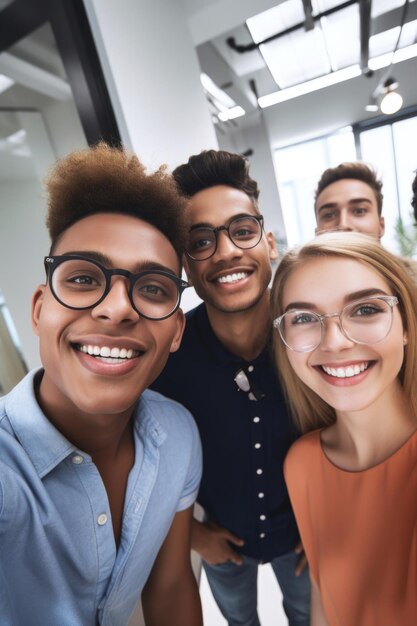 Foto foto de um grupo de jovens empreendedores tirando selfies em um ambiente de escritório casual