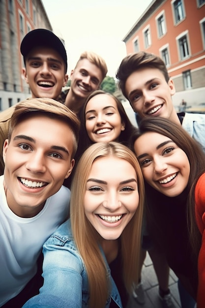 Foto de um grupo de jovens estudantes tirando selfies juntos na universidade