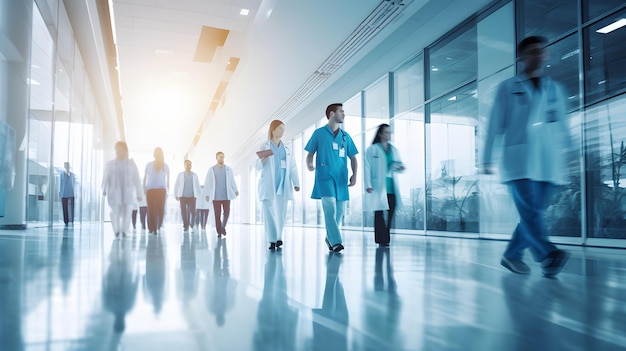 Foto de um grupo de médicos caminhando por um corredor do hospital