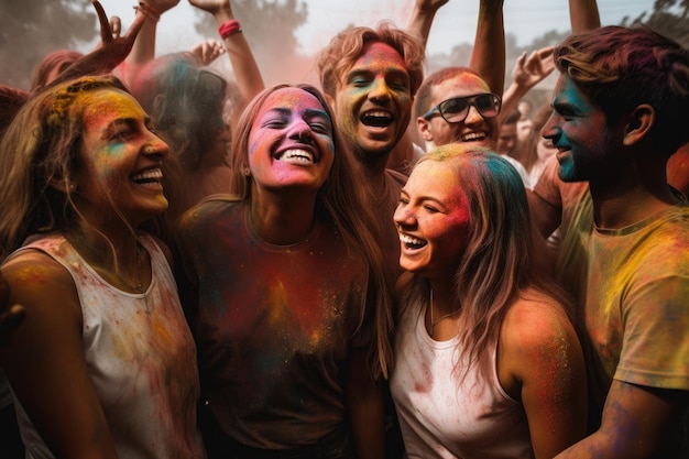 Foto de um grupo de pessoas comemorando em um festival criado com IA generativa