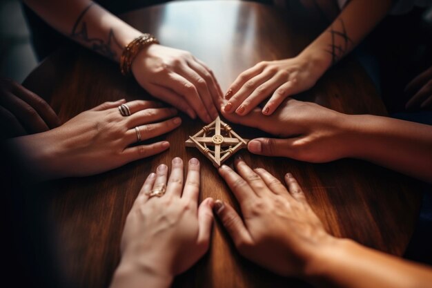 Foto de um grupo de pessoas formando um símbolo maçônico com as mãos enquanto estão sentados juntos