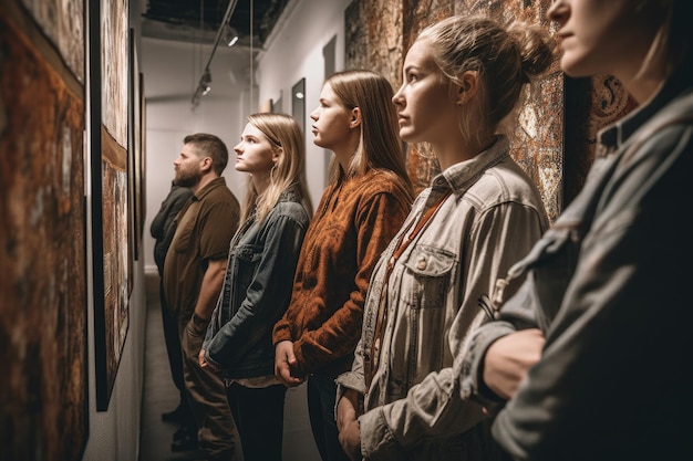 Foto de um grupo de pessoas olhando obras de arte em uma galeria de arte criada com IA generativa