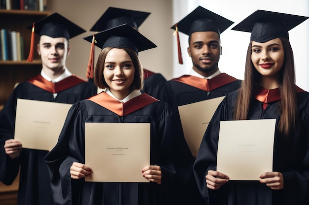 Foto de um grupo de pessoas segurando seus diplomas após a formatura criada com IA generativa