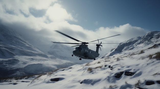 Foto de um helicóptero militar Sea King a aterrar nas montanhas