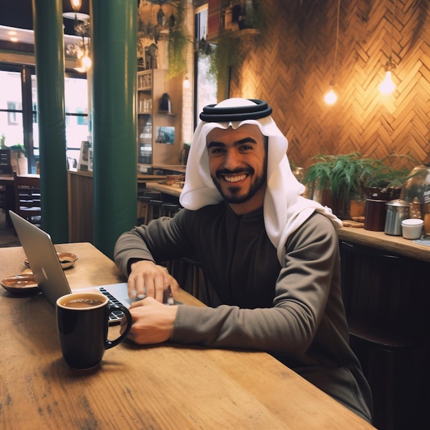 Foto de um homem a surfar na rede num portátil enquanto bebe café num bar