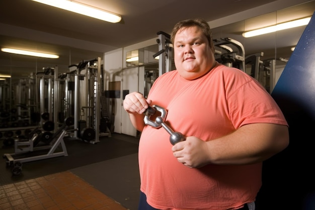 Foto de um homem acima do peso segurando a chave de uma academia e algumas frutas criadas com IA generativa