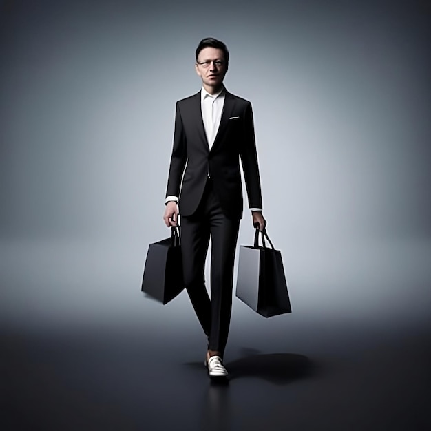 Foto de um homem andando em fundo escuro com sacolas de compras black friday Generative AI