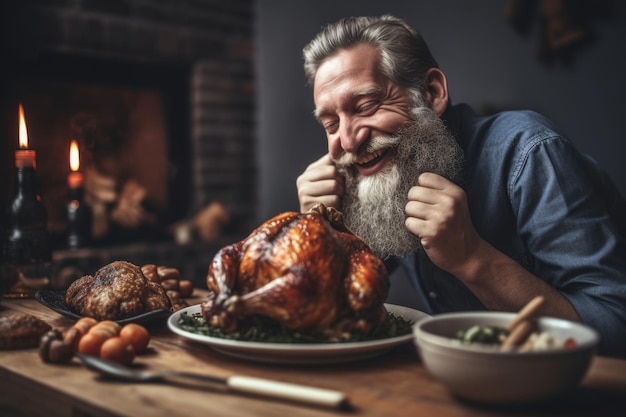 Foto de um homem apreciando o sabor de seu frango assado criado com IA generativa