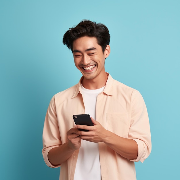 foto de um homem asiático feliz segurando um telefone móvel vestindo roupas azuis