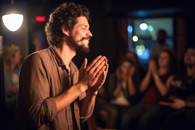 Foto foto de um homem batendo palmas durante uma apresentação em uma noite de microfone aberto