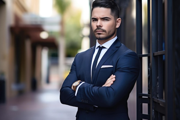 Foto de um homem bonito de terno do lado de fora com os braços cruzados criado com ai generativa