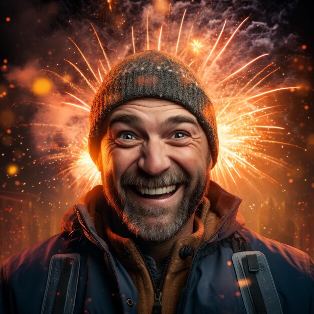 foto de um homem caucasiano sorrindo na frente de fogos de artifício