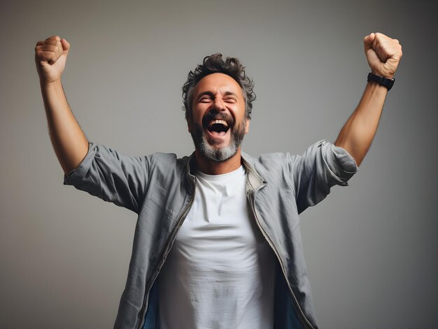 Foto foto de um homem celebrando o sucesso e expressando felicidade com um grande sorriso no rosto