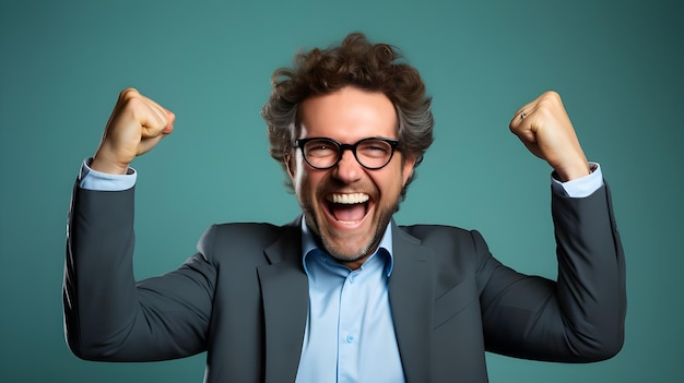 Foto foto de um homem celebrando o sucesso e expressando felicidade com um grande sorriso no rosto