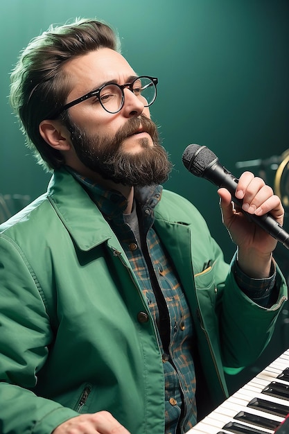 Foto foto de um homem com barba usando óculos e uma jaqueta verde tocando música