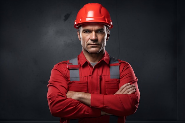 Foto de um homem com capacete vermelho com os braços cruzados