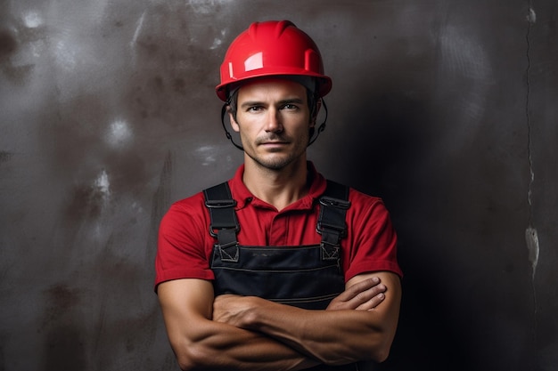 Foto de um homem com capacete vermelho com os braços cruzados