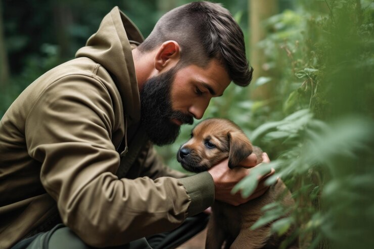 Foto foto de um homem cuidando de seu cachorrinho