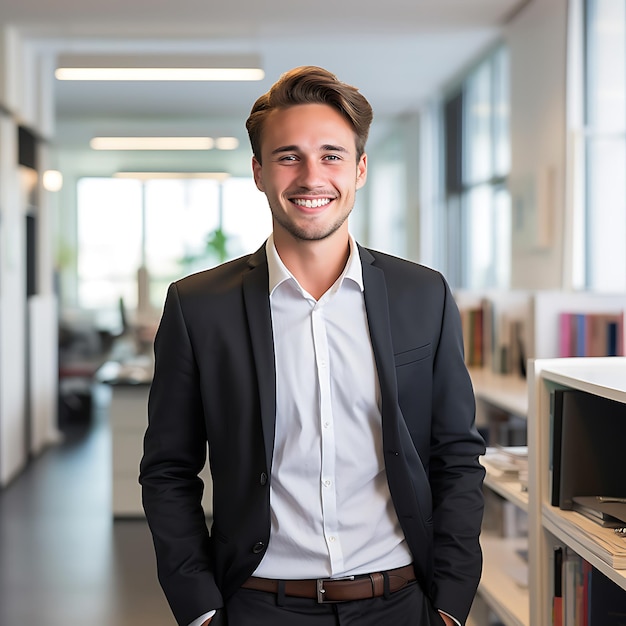 foto de um homem de negócios alemão de 25 anos sorrindo, cabelo castanho, corpo inteiro, em pé no escritório