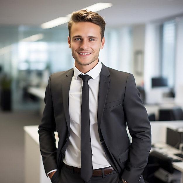 foto de um homem de negócios alemão de 25 anos sorrindo, cabelo castanho, corpo inteiro, em pé no escritório