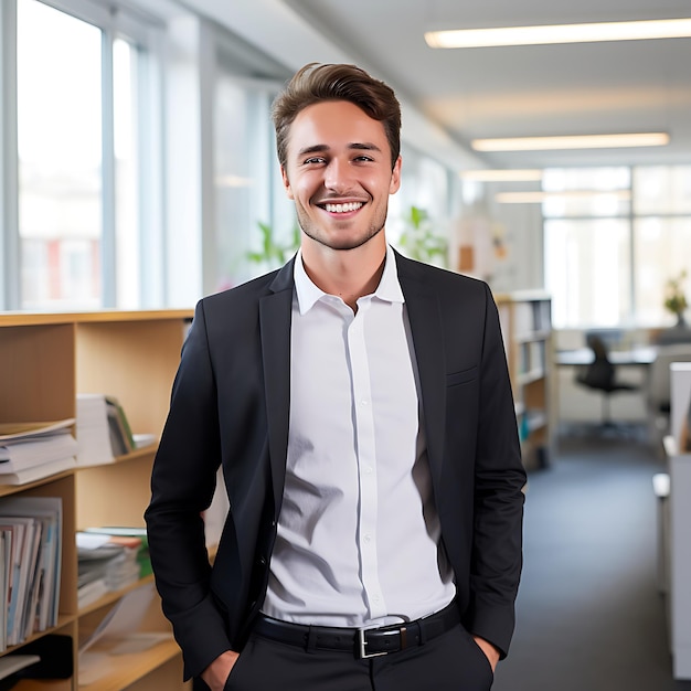 foto de um homem de negócios alemão de 25 anos sorrindo, cabelo castanho, corpo inteiro, em pé no escritório