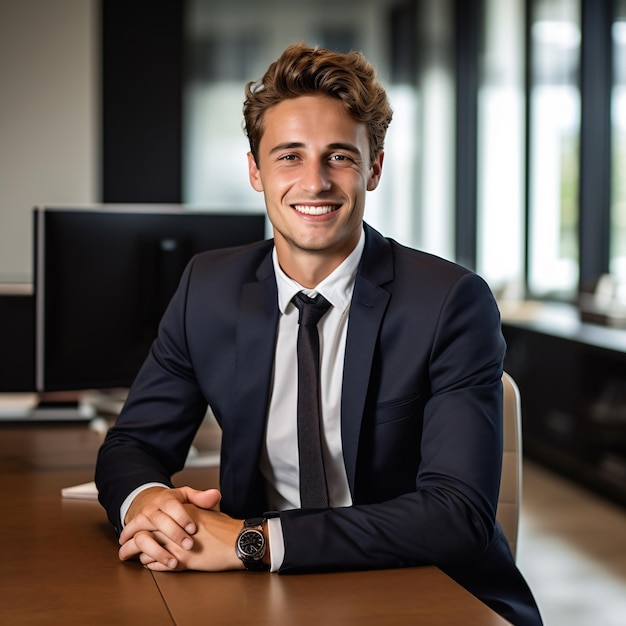 foto de um homem de negócios alemão de 25 anos sorrindo de corpo inteiro de cabelo castanho em pé no escritório