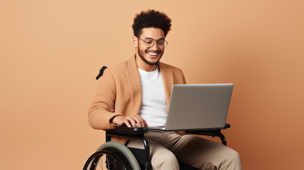 Foto foto de um homem deficiente sentado em uma cadeira de rodas com um laptop trabalhando on-line
