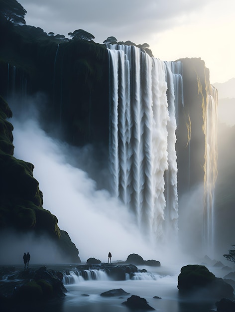 Foto de um homem desfrutando da beleza de uma cachoeira de sua base