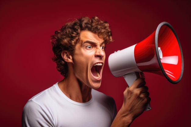 Foto de um homem gritando em um megafone sobre fundo vermelho