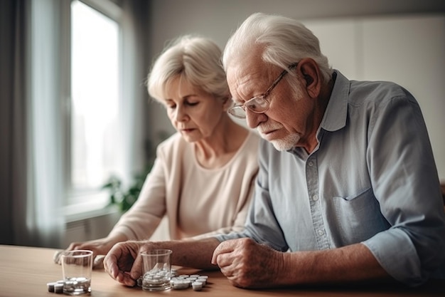 Foto de um homem idoso ajudando sua esposa com a medicação em casa, criada com IA generativa