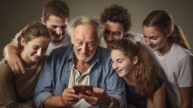 Foto foto de um homem idoso sentado usando um smartphone e mostrando conteúdo para um grupo de jovens