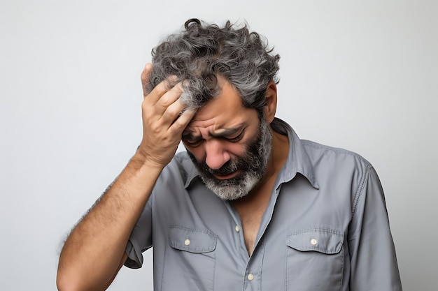 Foto de um homem infeliz no fundo do estúdio e espaço de cópia