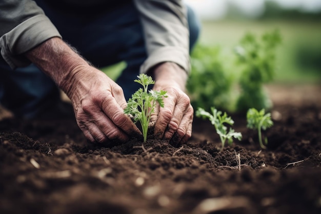 Foto de um homem irreconhecível plantando uma muda em solo criado com IA generativa