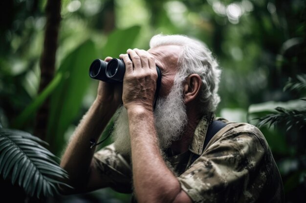 Foto de um homem olhando através de binóculos enquanto está na selva