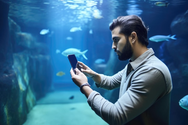 Foto de um homem segurando seu celular no aquário