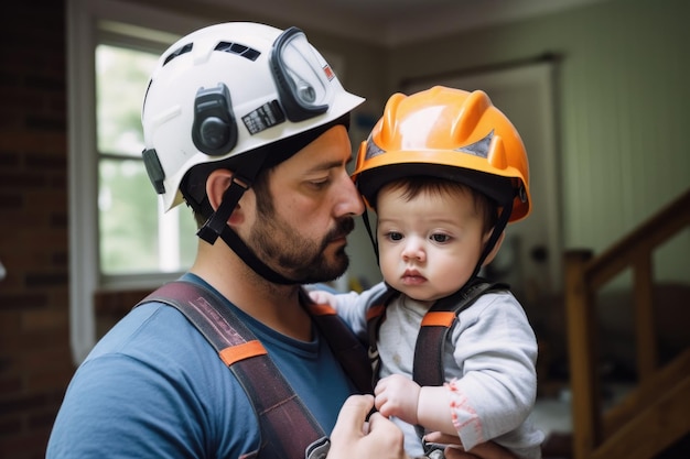 Foto de um homem segurando seu filho bebê que está usando um capacete