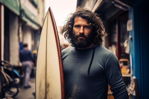 Foto de um homem segurando sua prancha de surf