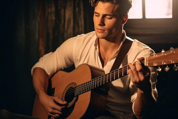 Foto foto de um homem sentado e tocando guitarra em uma cadeira