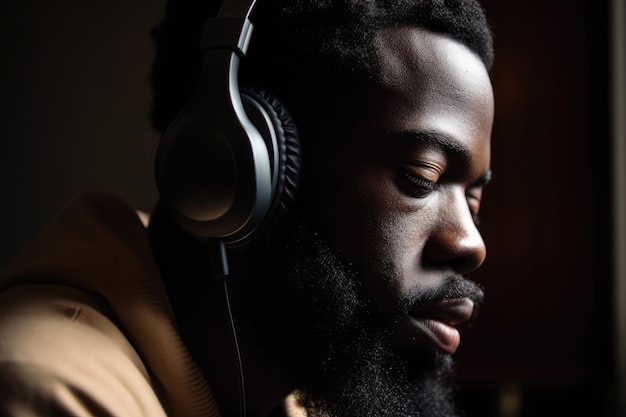 Foto de um homem usando fones de ouvido para ouvir música criada com IA generativa