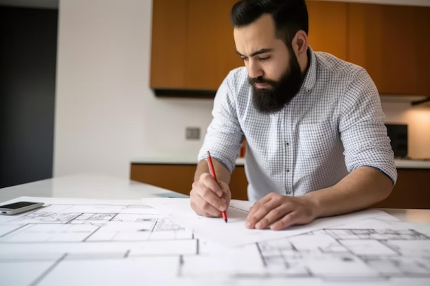 Foto de um homem usando planos para explicar os designs de seu projeto
